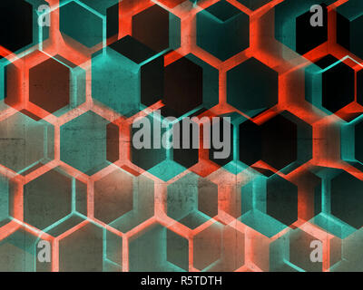 Résumé fond numérique sombre avec des modèle hexagonal et la texture du béton, effet multi-exposition, illustration 3D render Banque D'Images