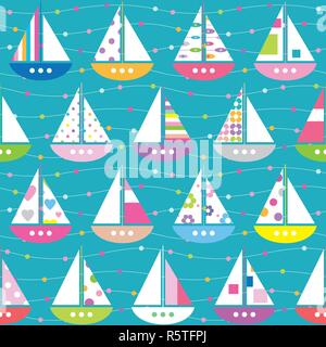 Violet rouge jaune bleu vert rouge et rose à rayures fleuri avec bateaux et voiles à pois sur le modèle linéaire et parsemé d'arrière-plan et d'une mer bleue Illustration de Vecteur