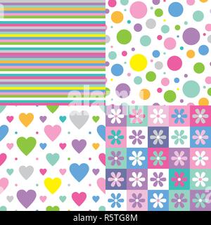 Rose, bleu, violet, vert, jaune et blanc, rayures, cercles, coeurs et fleurs pattern set Illustration de Vecteur