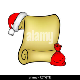 Défilement du papier de Noël avec le père noël carte cap, chapeau et santa sac. vector illustration isolé sur fond blanc. Banque D'Images