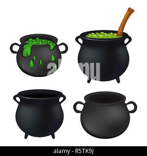 Chaudron de sorcière et vide avec potion verte bouillonnante, mega set. Vector illustration réaliste isolé sur fond blanc. Banque D'Images