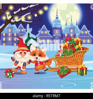 Fox animation drôle et gnome sur la patinoire ce soir. Sports d'hiver loisirs Aire de jeux dans le village. Échantillon de l'affiche, invitation à une fête de Noël et autres cartes. Vector cartoon close-up. Illustration de Vecteur