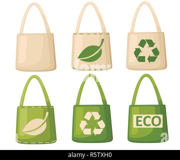 Chiffon de tissu beige et vert ou sac en papier. Avec des sacs de recyclage, feuille verte et ECO des symboles. Le remplacement des sacs en plastique. Sauver la Terre de l'écologie. Télévision vector Illustration de Vecteur