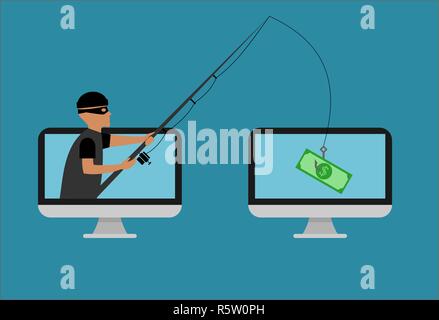 Un voleur vole de l'argent avec la canne à pêche de l'ordinateur. La fraude en ligne concept. Attaque de phishing, pêche, hacker, sécurité web, cyber voleur.Vector Illustration de Vecteur