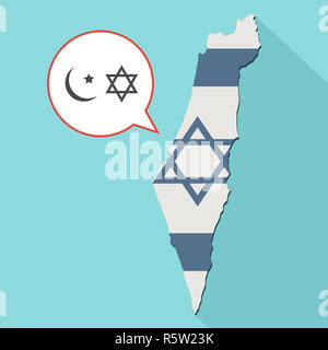 Animation d'une grande ombre Israël carte avec son drapeau et un ballon de la bande dessinée avec l'islam et le judaïsme religions symboles Banque D'Images