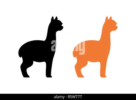 Silhouette d'Alpaga péruvien en noir et couleur orange isolé sur blanc - Vector illustration d'animaux à fourrure d'Amérique du Sud. Illustration de Vecteur