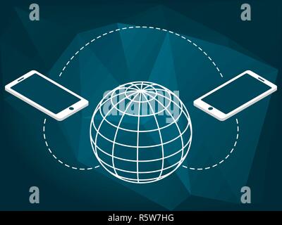 Deux téléphones cellulaires blanc connecté avec les autres et avec le monde entier sur un bas fond bleu poly. La connexion globale, sans fil à la communication, le réseautage Illustration de Vecteur
