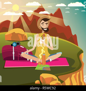 Backpacker repose sur une prairie dans les montagnes Banque D'Images