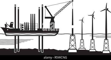 Construire des navires d'installation d'éoliennes dans la mer - vector illustration Illustration de Vecteur