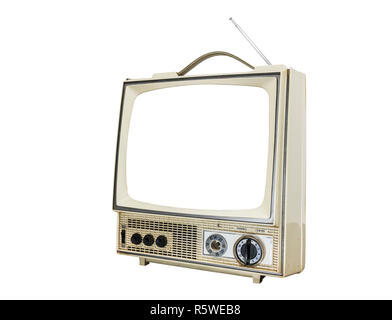 Télévision portable vintage usé isolé sur blanc avec de l'écran. Banque D'Images