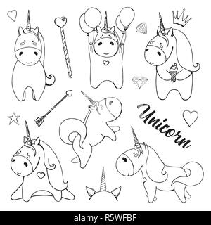 Les licornes croquis avec divers objets mignon isolé sur fond blanc. Vector illustration Illustration de Vecteur