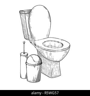 Croquis de la cuvette des toilettes et autres articles de toilette isolé sur fond blanc. Vector Illustration de Vecteur