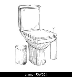 Croquis de la cuvette des toilettes et autres articles de toilette isolé sur fond blanc. Vector Illustration de Vecteur