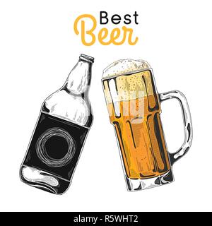 Bouteille de bière. Verre à bière. Meilleure bière. Vector illustration d'un croquis de style. Illustration de Vecteur