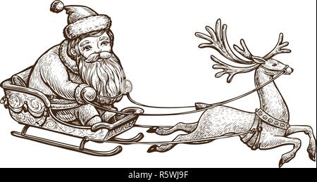 Le Père Noël est équitation dans un traîneau. Concept de Noël. Sketch Vintage vector illustration Illustration de Vecteur