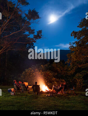 Groupe de personnes autour d'un feu de camp dans la forêt sous une nuit éclairée par la lune Banque D'Images