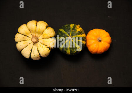 Un close-up de trois différents types de citrouilles vu de dessus avec un fond noir Banque D'Images