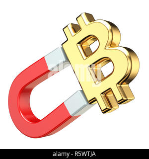 Monnaie BITCOIN Gold signe sur l'aimant rouge le rendu 3D illustration isolé sur fond blanc Banque D'Images
