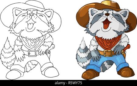Seul personnage american cowboy rire raton laveur coloriage isolés Illustration de Vecteur