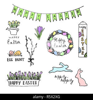 Joyeuses Pâques avec des œufs de couleur croquis, lapins, fleurs, lettrage, gerbe Banque D'Images