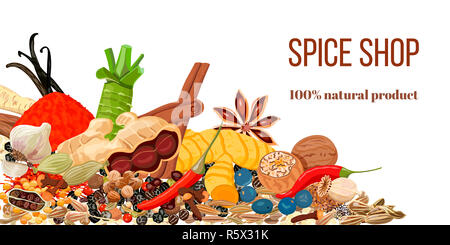 Ensemble d'épices culinaires populaires réaliste. Spice store logo. La Boutique Sign Banque D'Images