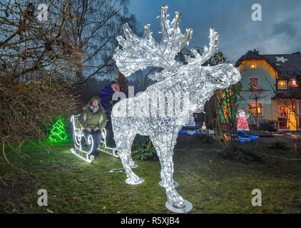 01 décembre 2018, le Brandebourg, Vacances Berkenbrück : Gabriele et Harald Muschner peut être vu dans leur jardin derrière un grand allumé l'orignal et le traîneau. Fairy lights, glowing stars et décorées d'arbres de Noël sont pour beaucoup de gens une partie de la pré-saison de Noël. Mais ce que la famille fait chaque année Muschner dans Advent est extraordinaire. Fans de Noël sont loin d'en avoir fini avec leurs idées de décoration. Photo : Patrick Pleul/dpa-Zentralbild/dpa Banque D'Images