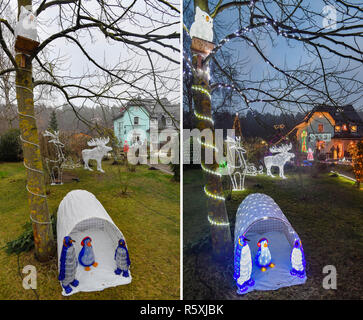 01 décembre 2018, le Brandebourg, Vacances Berkenbrück : KOMBO - combo Cette photo montre le jardin de la société et Harald Muschner par jour (l) et s'allume le soir. Fairy lights, glowing stars et décorées d'arbres de Noël sont pour beaucoup de gens une partie de la pré-saison de Noël. Mais ce que la famille fait chaque année Muschner dans Advent est extraordinaire. Fans de Noël sont loin d'en avoir fini avec leurs idées de décoration. Photo : Patrick Pleul/dpa-Zentralbild/dpa Banque D'Images