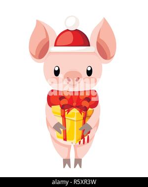 Cochon mignon. Cartoon character design. Petit cadeau de Noël, la boîte est hat. Mascotte animal rose. Télévision vector illustration isolé sur fond blanc. Illustration de Vecteur