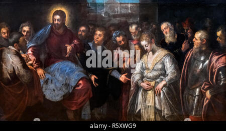 Le Christ et la femme adultère par Domenico Tintoretto (1560-1635), huile sur toile Banque D'Images