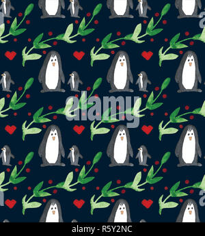 Belle aquarelle modèle transparent avec les pingouins, les coeurs, les petits fruits et les Leafs. Décor de fête. Jours fériés pour des tirages de décoration textile, papier, cartes Banque D'Images