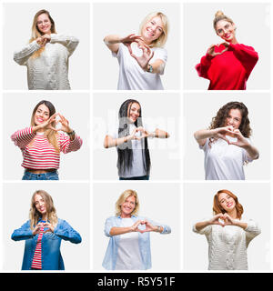 Collage de groupe de jeunes et les femmes âgées de plus de fond isolé smiling in love montrant le symbole de coeur et la forme des mains. Concept romantique. Banque D'Images