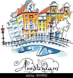 Vue sur la ville de vecteur d'un canal à Amsterdam Banque D'Images