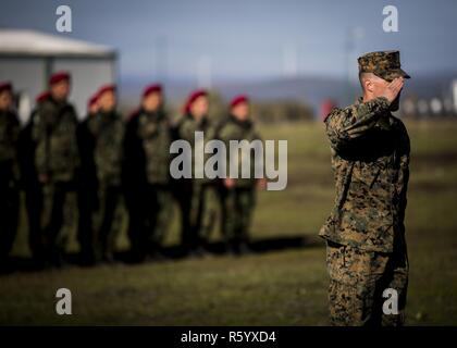 U.S. Marine 1er lieutenant Ian Lynch, commandant des troupes, salue durant la cérémonie d'ouverture de l'exercice Platinum Eagle 17.2 à la zone d'entraînement Babadag, en Roumanie, le 24 avril. L'exercice multilatéral regroupant environ 800 militaires de plus de cinq nations pour former et renforcer les relations. Aucune nation ne peut répondre aux défis d'aujourd'hui seulement, et la présence des Marines de l'avant en Europe est le fondement de leur assurance aux alliés de l'OTAN. Banque D'Images