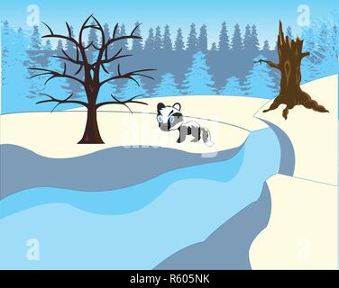 Paysage avec rivière et couché par la glace et la faune du bois Illustration de Vecteur