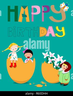 Joyeux anniversaire. Carte postale. Les enfants. Oeufs à couver. Des fleurs. Vector illustration. Illustration de Vecteur