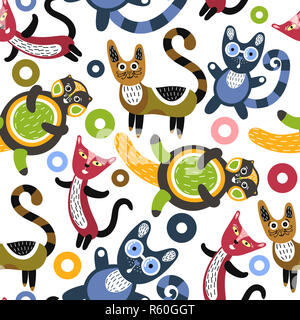 Modèle sans couture avec drôle de chats. Contexte artistique avec Cute chatons. Les animaux colorés. Animaux domestiques préférés Banque D'Images