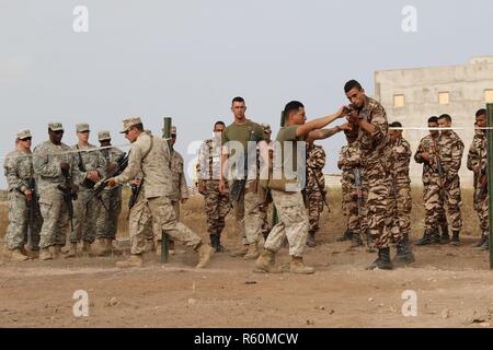 Close Quarters Battle Marine chargés d'aider et d'observer les soldats, marins et soldats royale marocaine à des opérations militaires en terrain urbain pendant l'exercice Lion africain 17 Avril 24, à Tifnit, Maroc. Banque D'Images