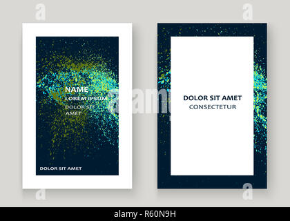 Explosion au néon splatter peinture couverture artistique conception du cadre. Splash vert décoratif bleu texture spray fond sombre. Modèle de rapport à la mode vecteur couvrir Catalogue Brochure Flyer Affiche Banner Banque D'Images