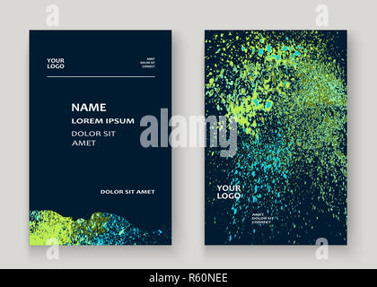 Explosion au néon splatter peinture couverture artistique conception du cadre. Splash vert décoratif bleu texture spray fond sombre. Modèle de rapport à la mode vecteur couvrir Catalogue Brochure Flyer Affiche Banner Banque D'Images