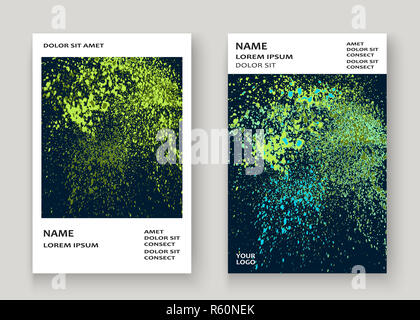Explosion au néon splatter peinture couverture artistique conception du cadre. Splash vert décoratif bleu texture spray fond sombre. Modèle de rapport à la mode vecteur couvrir Catalogue Brochure Flyer Affiche Banner Banque D'Images