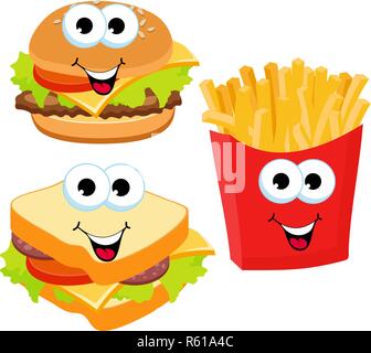 Jeu de fast-food, sandwich et hamburger frites isolé sur fond blanc. Sourire Fast food vector cartoon illustration caractères de l'expression Illustration de Vecteur