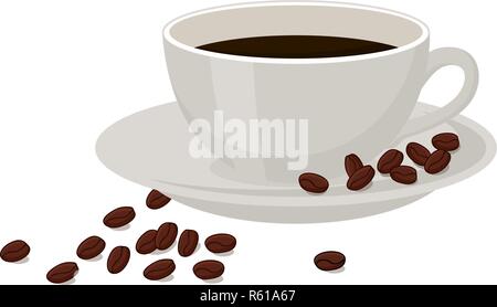 Café avec grains de café dans une tasse blanche sur fond blanc. Illustration de Vecteur