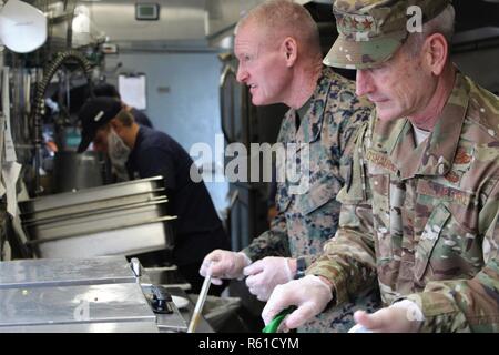 Le Sgt. Le Major Paul McKenna, United States Northern Command, à gauche, et le général Terrence O'Shaughnessy, United States Northern Command, général commandant des soldats servent leurs repas de Thanksgiving à la base aérienne Davis-Monthan Air Force Base, du 22 novembre 2018. Banque D'Images