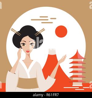 Bienvenue au Japon bannière avec Fuji et temple montagne Geisha Vector illustration Illustration de Vecteur