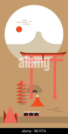 Beau Voyage Japon Landmarks poster avec Fuji Sushi Torii Mountain et Vector illustration Illustration de Vecteur