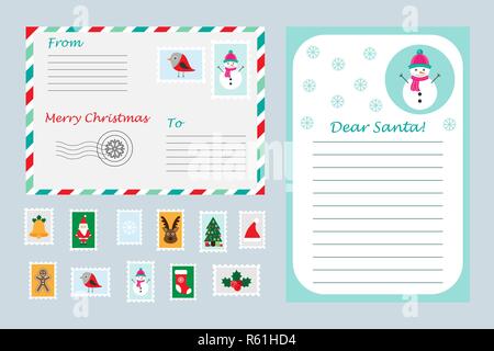 Jeu de Noël lettre au Père Noël, enveloppe et des timbres pour les enfants, xmas fun activité préscolaire pour les enfants, vector Illustration de Vecteur