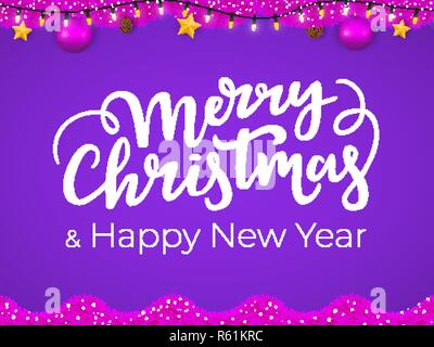 Joyeux Noël et Bonne Année carte postale en couleurs rose et pourpre à la mode Illustration de Vecteur