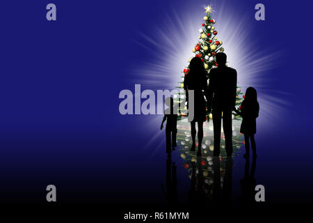 3D illustration. Silhouette de la famille avec l'arbre de Noël en arrière-plan. Banque D'Images