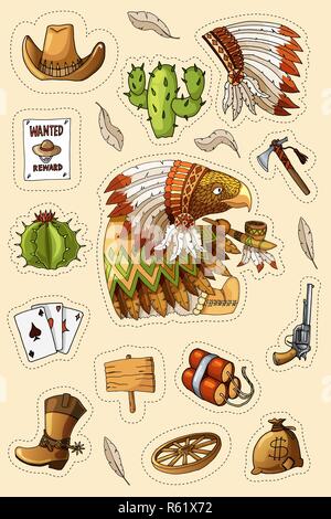 Western wild west art stickers set. Pistolet, des balles, cactus et beaucoup d'autres articles Illustration de Vecteur