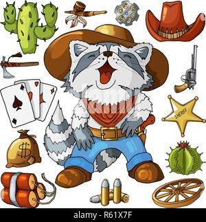 Western wild west art stickers set. Pistolet, des balles, cactus et beaucoup d'autres articles Illustration de Vecteur